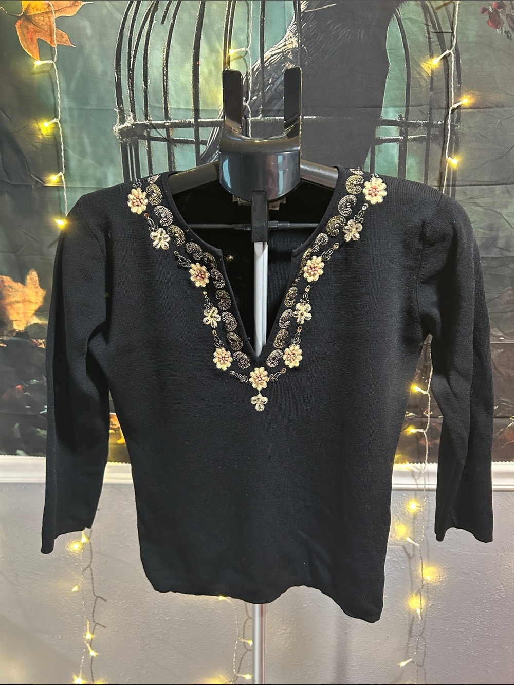 Joseph Black Knit Top with Metallic Floral Embellishment